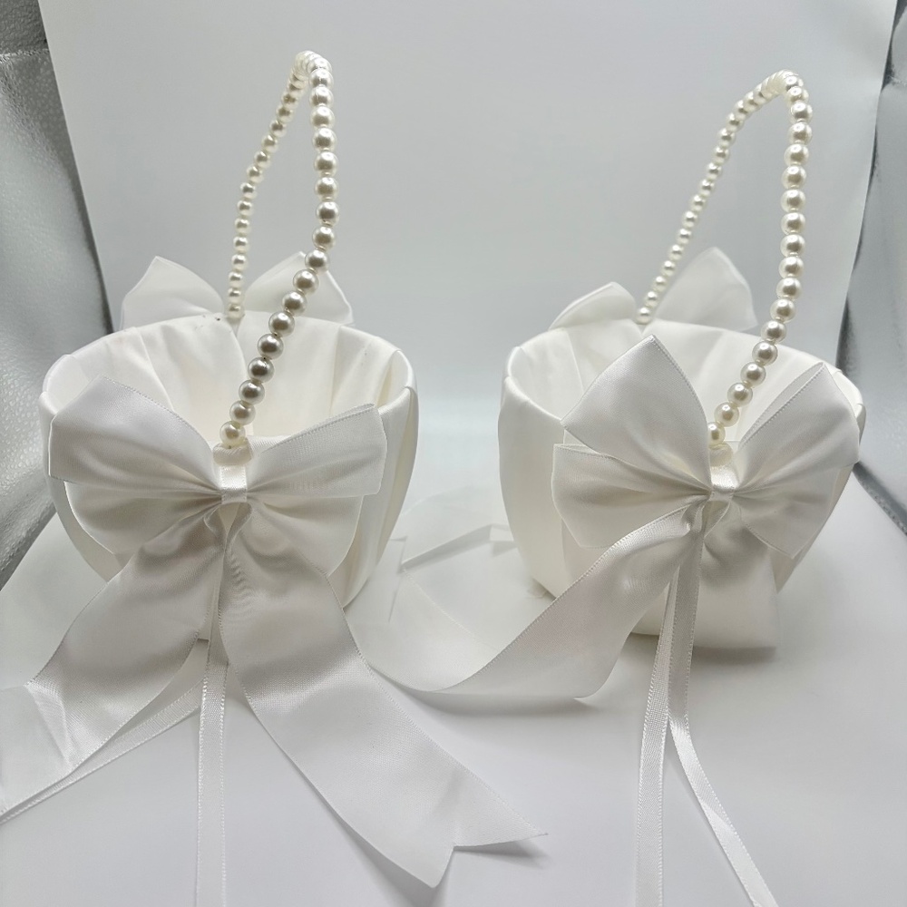 Two Flower Girl White Satin Baskets